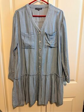 Laurel Grey Light Blue Button-Front Tiered Long-Sleeve Dress